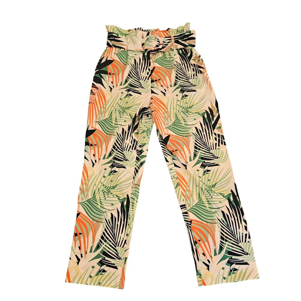 One N More Womens Small Tropical Palm Leaf Paperbag Wide Leg Crop Pants Belted